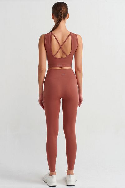 COMEUP Rib Textured Back Cross Crop Top with Chest Pad Clay Red