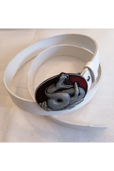 Butik Tülin Unisex Authentic Genuine Cowhide Leather White Silver Burgundy Enamel Cobra Snake Cowboy Buckle Belt