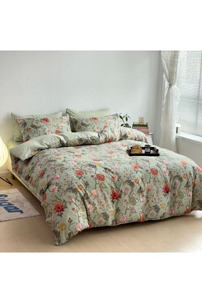 LUNA HOME Single Size 4 Pieces, Reversible Style Duvet Cover Set, Roses Design with Dark Khaki Color.