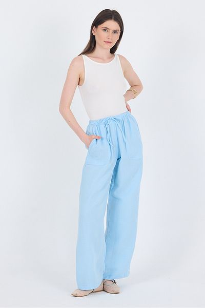 Rays Baby Blue Linen Look 100% Cotton Pocket Wide Leg Trousers 8054A