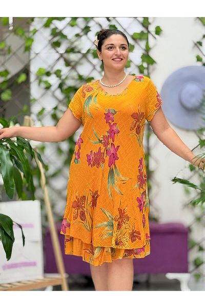Punta Otantik Nc50123 Italian Short Sleeve Cotton Linen Dress Orange