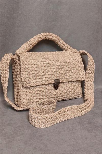 Uretti - Hülya 6683 9518 Hand Knitted Beige Macrame Rope Women's Hand and Shoulder Bag