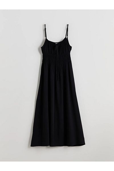 LC Waikiki Xside Black Tie-Up Neckline Suspender Smocked Dress