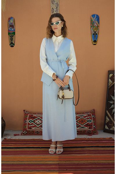 Fatma Atasoy Tie-Up Linen Soft Blue Vest Skirt Suit