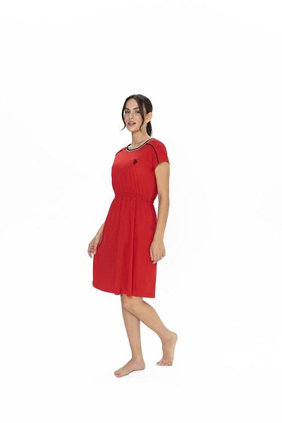 U.S. Polo Assn. Us Polo 100% Cotton, Women's Wide Round Neck, Drawstring Waist, Short Sleeve, Midi Nightdress