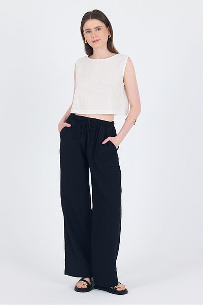 Rays Black Linen Look 100% Cotton Pocket Wide Leg Trousers 8054A