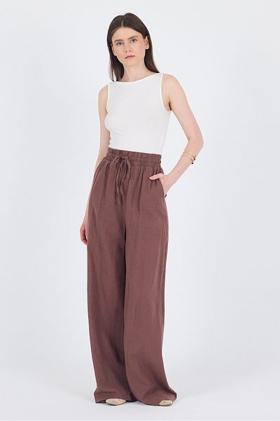 Rays Brown Linen Look 100% Cotton Wide Leg Trousers 3040