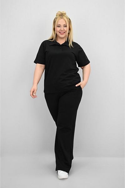 Koza Butik Women's Plus Size Short Sleeve Polo Neck Tracksuit Set 8188-25