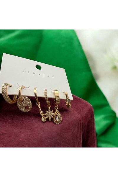 demirosa Set of 6 Gold Color Multiple Earrings with Stones and Mixed Figures
