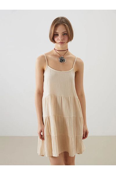 LC Waikiki Xside Brown U-Neck Textured Mini Dress