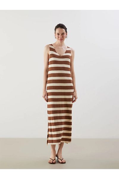 LC Waikiki Lcwaikiki Classic Brown V-Neck Striped Women's Knitwear Dress