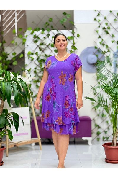 Punta Otantik Nc50123 Italian Short Sleeve Cotton Linen Dress Purple