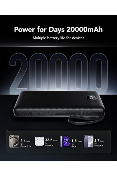 Generic VRURC Portable Charger 20000mAh Built-in Cable Fast Charging Power Bank - Black