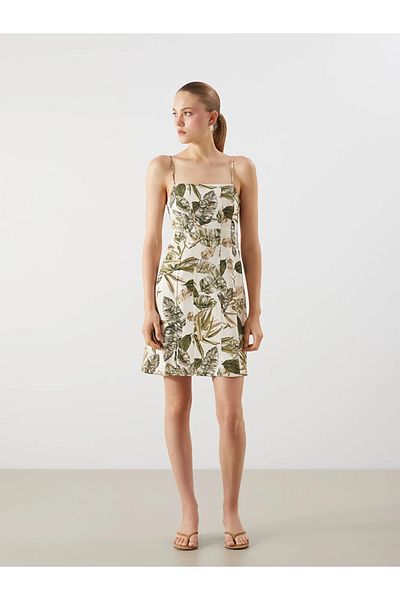 LC Waikiki Lcw Vision Green Square Neck Floral Linen Blend Mini Dress