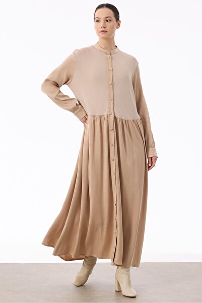 Tığ Triko Önden Düğmeli Triko Kombinli Elbise BEJ