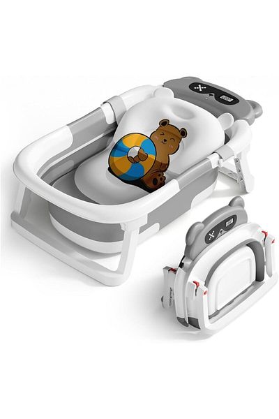 Yelajoy Collapsible Baby Bathtub,with Thermometer and Drain Hole,Non-Slip,for Newborn 0-36 Month,Grey Bear