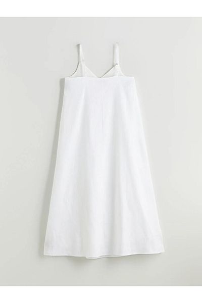 LC Waikiki Lcw Vision Ecru V-Neck Strap A-Line 100% Linen Dress