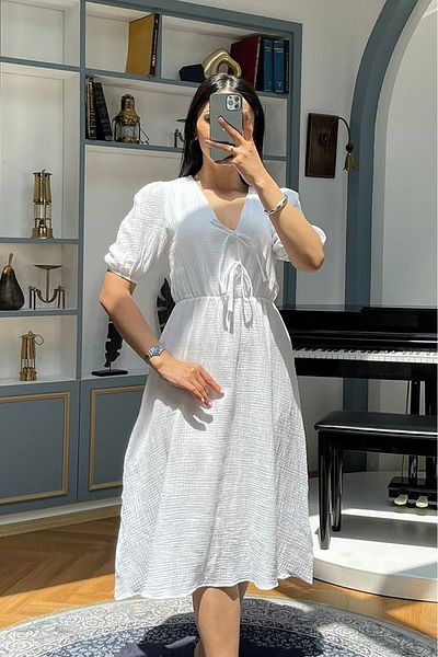 Neşeli Butik Women White Muslin Fabric Summer Dress Nbmy3753