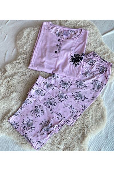 şıklık durağı Pink Floral Pattern Cotton Combed Women's Pajamas Set