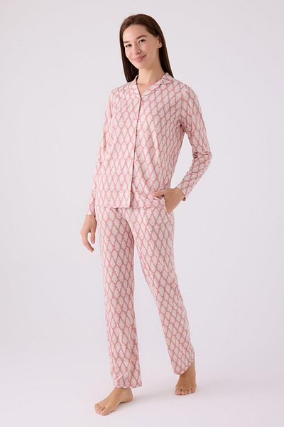 Arnetta Women's Retro Pink Pajama Set, Long Sleeve Women's Pajama Set with Buttons and Pockets