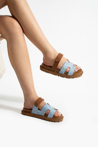 Moda Devrin Tan Blue Denim Look Velcro Anatomical Comfortable Sole Women's Slippers