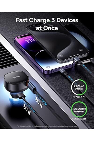 Baseus USB C Car Charger, 60W Retractable Car Charger, 3 in 1 Fast Car Charger