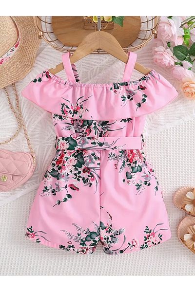 miço kids Pink Flywheel Detailed Girl's Summer Jumpsuit