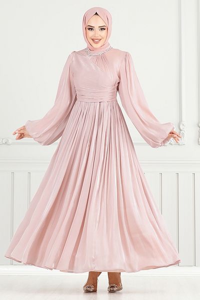 ModaMerve Βραδινό φόρεμα Hijab με πέτρες στο γιακά 6180EMO919-M Πούδρα