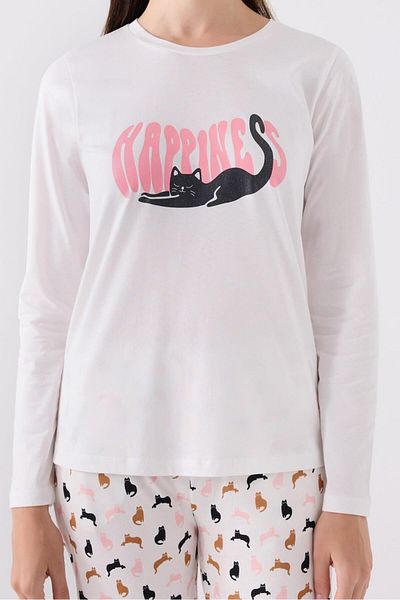 Arnetta Women's Cat Printed Cream Pajama Set, 100% Cotton