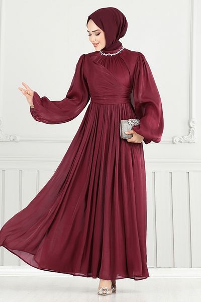ModaMerve Βραδινό φόρεμα Hijab με πέτρες στο γιακά 6180EMO919-M Claret Red