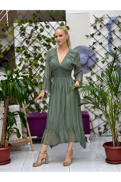 Punta Otantik Nc5087 Italian Elastic Waist Silk Dress Khaki