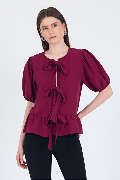 Rays Блуза с балон ръкав и вратовръзка в бордо и червено 4334A