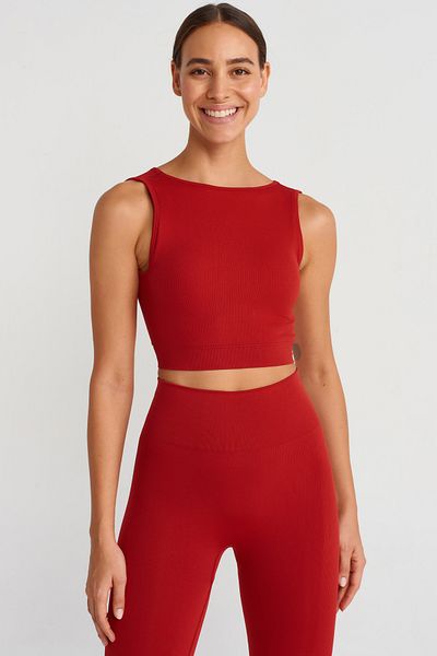 COMEUP Rib Textured Back Cross Crop Top with Chest Pad Red