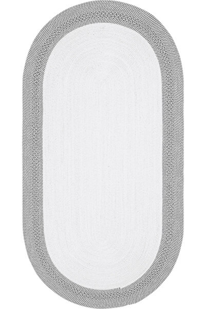 Cool Halı Luke Beyaz Gri Yıkanabilir Oval Mutfak Halısı Dekoratif Leke Tutmaz Hasır Tezgah Önü Mutfak Paspası