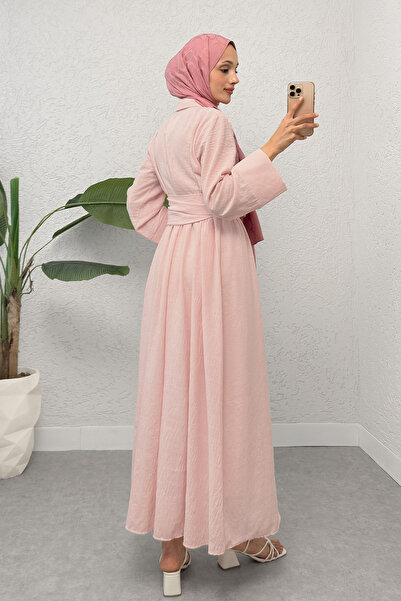 Salih Çelebi Belted Cross Neck Dress 2304 - Powder