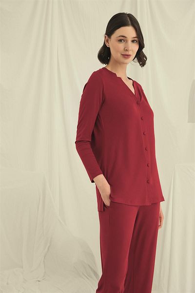 MONAMİSE Monamise Women's Long Sleeve Button-Down V-Neck Pajamas Set 18673