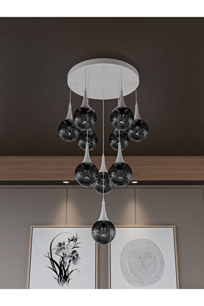 avizade GALAXY Modern 10'lu Sarkıt Beyaz Metal Avize - Füme Renk Cam, E27 Duy...