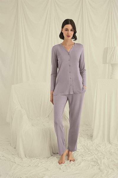 MONAMİSE Monamise Women's Long Sleeve Button-Down V-Neck Pajamas Set 18674