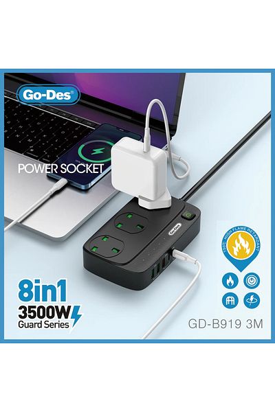 Go-Des Power Strip with USB Port 3-Way Socket 3 USB 2PD Port Socket Power Socket with 3M