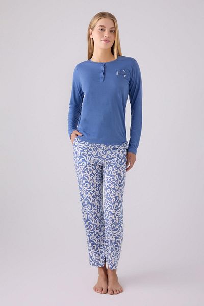 Arnetta Women's Blue Button Collar Long Sleeve Pocket Pajama Suit, Plus Size Sleepwear