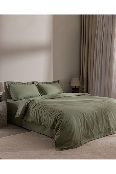 Madame Coco Kaviera Double 100% Cotton Embroidered Duvet Cover Set - Khaki