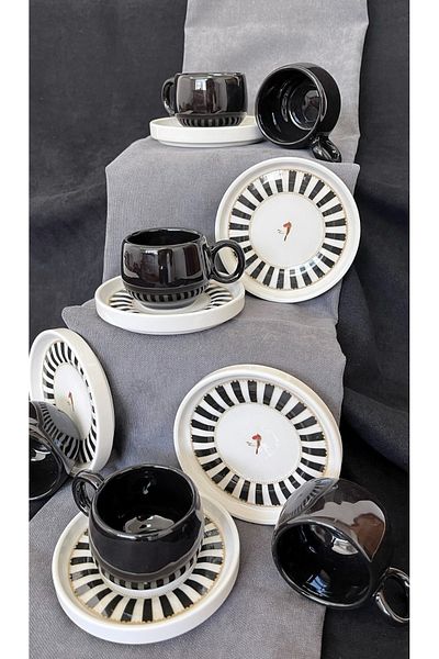 Erbaşlar Love Bird Black Series Chubby 12 Piece Luxury Ceramic Chubby Coffee Cup Set Turkish Coffee Cup
