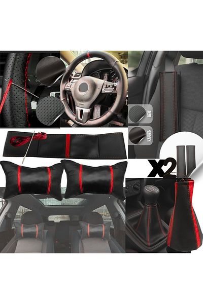 ZETOTO Universal Gear Gaiter Steering Wheel Cover Seat Belt Pad Set Neck Pillow Set Red