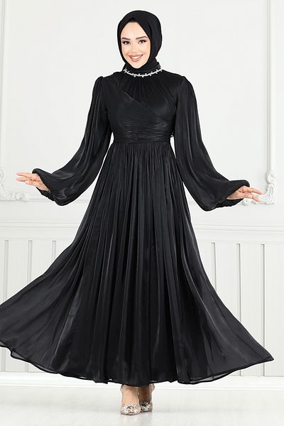 ModaMerve Βραδινό φόρεμα Hijab με πέτρες στο γιακά 6180EMO919-M Μαύρο