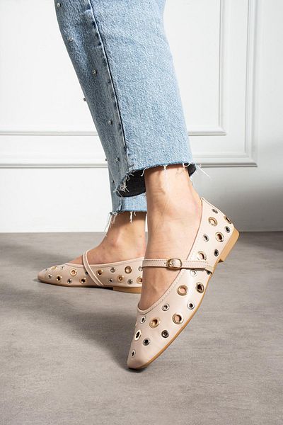 ShoeTek Ekster Women's Ballerina Flat Front Strap Ring Pin Stone Beige Leather