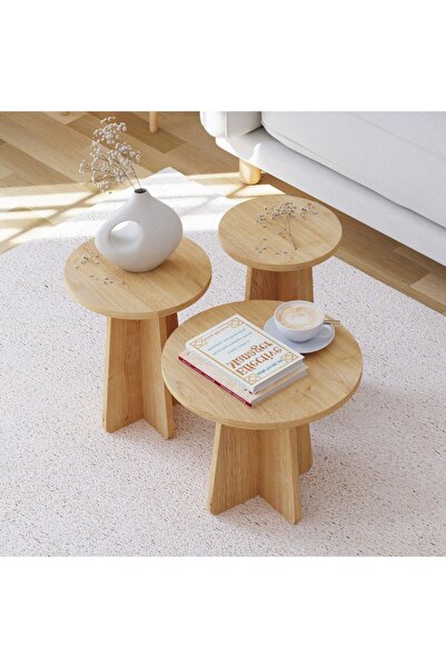 Store Mantar 3 Lü Zigon Sehpa Ahşap Desenli - Safir Meşe