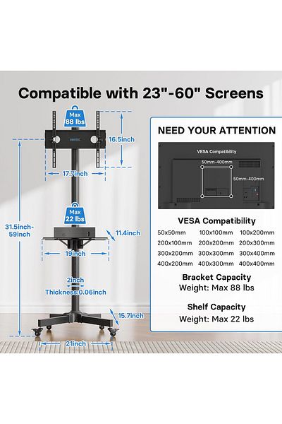 BONTEC BONTEC mobile TV stand with wheels and height adjustment, 23-60 inches, laptop stand, adjustable tilt