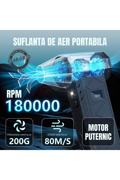 STARGRIG Suflantă Aer STARGRIG®, 130000 RPM, 80 m/s, 3 Trepte, 180W, 8000mAh, 9 Accesorii