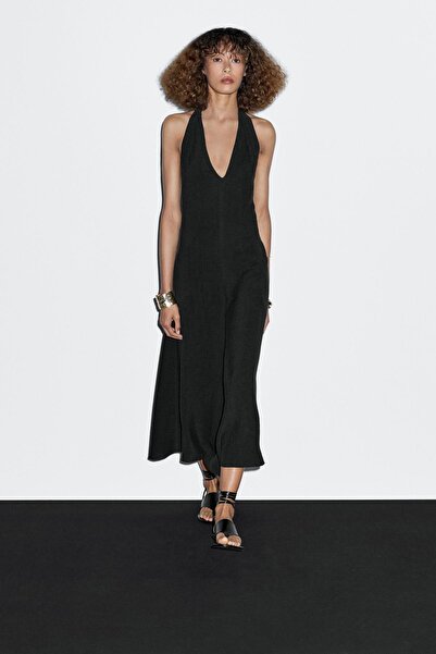 Massimo Dutti Derin sırt dekolteli halter yaka midi elbise