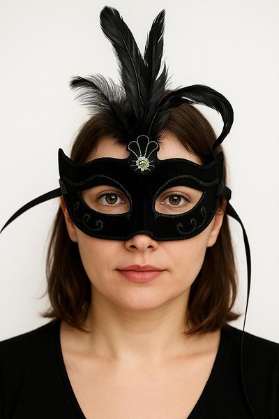 colezium Black Color Feather Black Suede Covered Party B Mask 20X16 cm